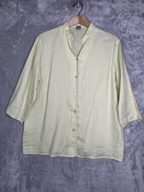 Jillian Jones Blouse Womens Large Yellow 100% Linen Button Front 3/4 Sleeve